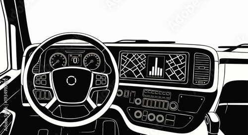 Modern truck cabin interior with steering wheel, dashboard, and GPS navigation screen displaying a route map.