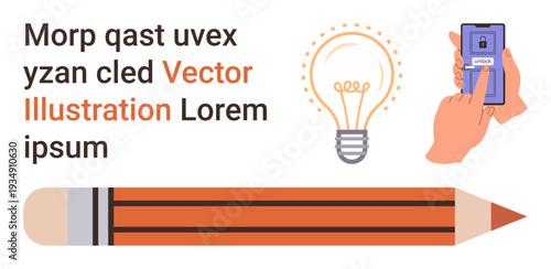 Education, technology, creativity, design thinking, digital innovation, content creation. Graphic showing pencil, lightbulb and smartphone with a hand touching the screen. Creativity and technology