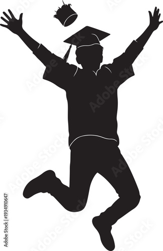 Exuberant Graduate Jumping in the Air with Arms Up, Celebrating Freedom and Academic Achievement after Successful Commencement, Joyful Silhouette Vector.