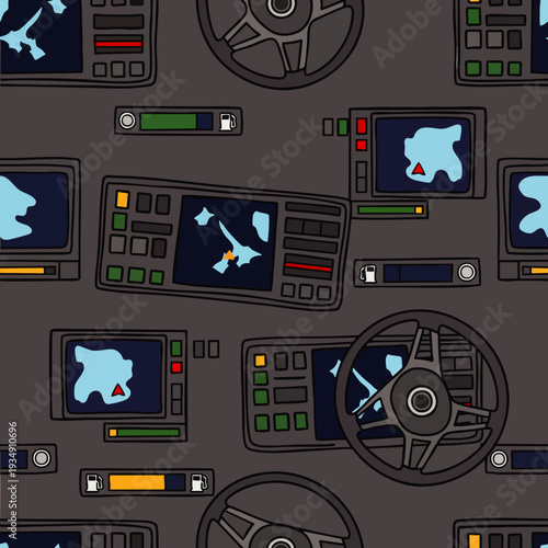Seamless pattern of a car dashboard with GPS navigation screens, steering wheels, and control panels in a cartoonish style.