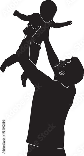 Joyful Father Lifting his Baby High in the Air, Playful Family Bonding Moment and Paternal Love, Happy Childhood Black Silhouette Vector.