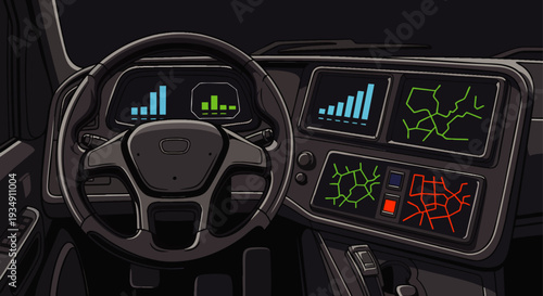 Futuristic Car Dashboard with Digital Navigation Screens and Connectivity Indicators, Modern Vehicle Interior