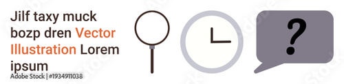 Business solutions, time management, information search, decision-making, inquiry, problem-solving. Minimalist icons of a magnifying glass, clock and question mark. Search and time management