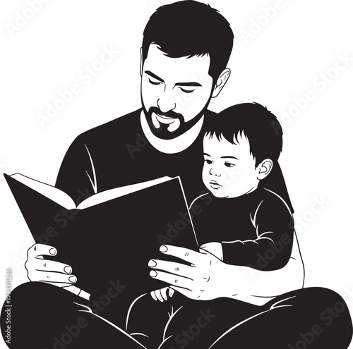 Loving Father Reading a Story Book to his Baby Son, Nurturing Early Childhood Education and Family Bonding, Quiet Storytelling Moment Vector Illustration.