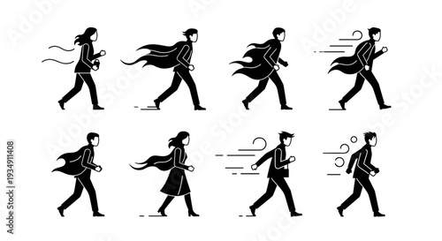 Set of eight stylized figures in motion wearing coats and scarves.