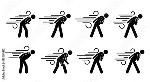 Person walking against strong wind icon set.