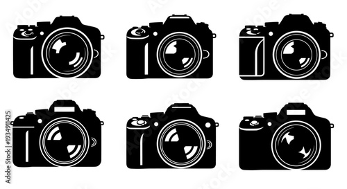 Collection of Six Black Silhouette DSLR Camera Icons.