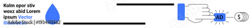 Marketing, online ads, paid media, financial transactions, digital services, branding. Hand pressing ad button emitting light. Marketing and online ads concept with clarity and relevance