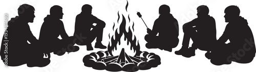 Group of Friends or Family Sitting Around a Cozy Campfire, Roasting Marshmallows and Enjoying Outdoor Social Gathering, Relaxing Night Silhouette Vector.