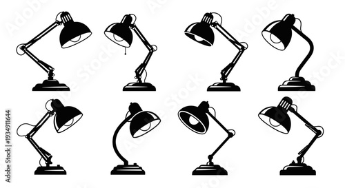 Collection of eight black and white desk lamps in various adjustable positions.