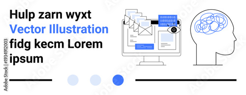 Computer monitor with emails, a magnifying glass, and a brain outline symbolizing digital workflow and cognitive processes. Ideal for technology, AI, productivity, communication, data analysis