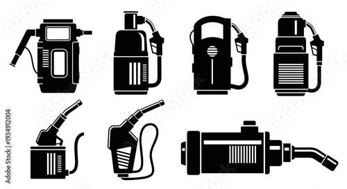 Set of various fuel pump nozzles and gas station equipment silhouettes.