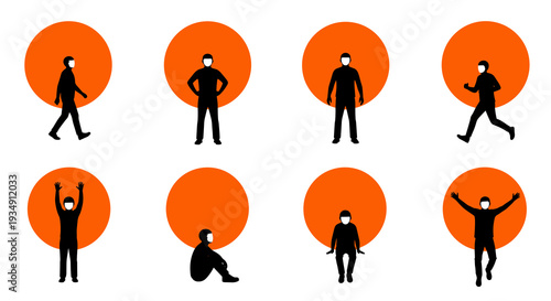 Silhouettes of people wearing face masks in various poses.