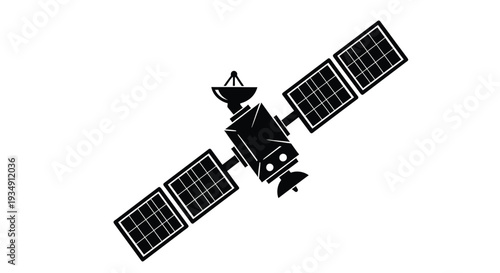 A black silhouette of a satellite in space featuring large solar panels