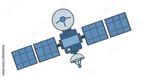 Illustration of a satellite with large solar panels and a circular antenna