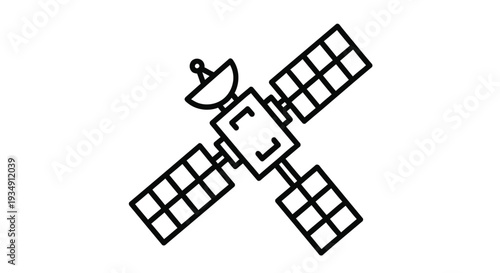 Simple line drawing of a satellite with solar panels and an antenna