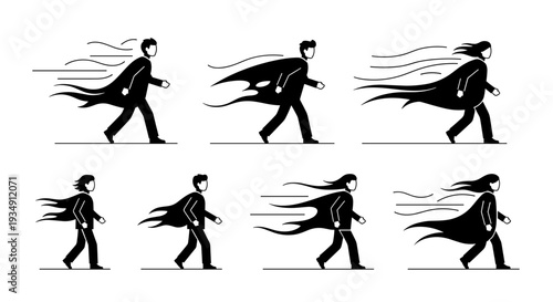 Set of six superhero figures walking with capes flowing in the wind.