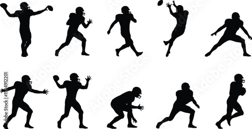 Set of black American football player silhouettes in action poses including throwing, catching, running, and tackling for sports competition vector illustration design elements