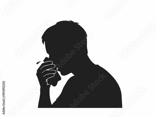 Silhouette of a Man Sneezing and Blowing Nose into Tissue