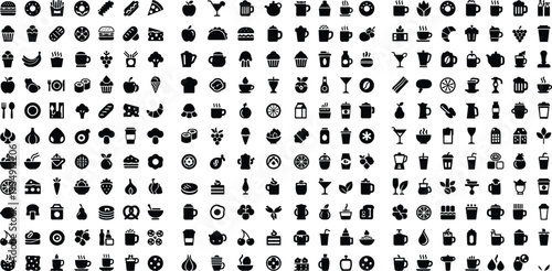 Large collection of black food and beverage icons including fast food healthy fruits vegetables and drinks, cad drawing flat vector illustration on white