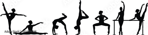 Set of black ballerina and gymnast silhouettes in various dance poses including splits, handstands, and stretches for ballet performance vector illustration design elements