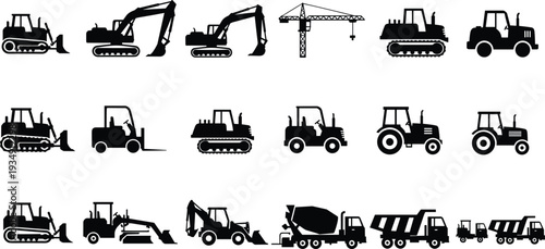 Set of black heavy machinery silhouettes including excavator, bulldozer, crane, tractor, forklift, and dump truck for industrial construction and building vector illustration