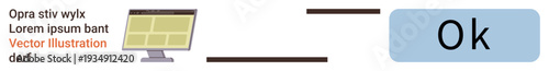 User interaction, interface design, usability, technology guides, digital communication, buttons. A computer monitor with text alongside a large OK button. Interface design and user interaction