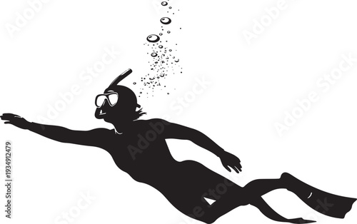 Snorkeler Silhouette Swimming Underwater with Mask and Fins - Ocean Exploration, Water Recreation, and Adventure Vector Icon