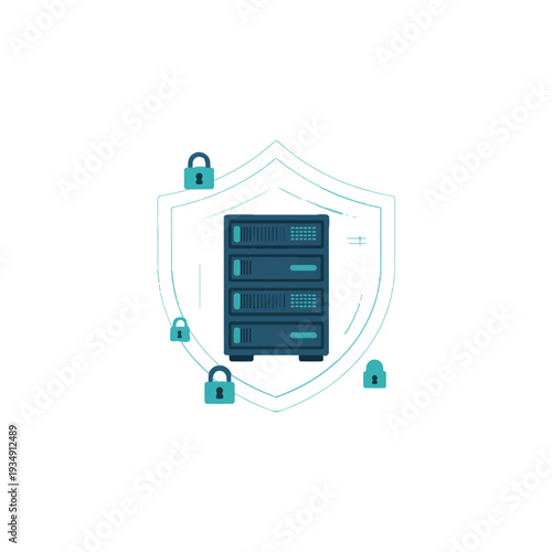 Secure server protected by multiple locks and shield icon Vector Art