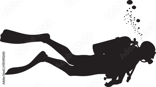 Scuba Diver Silhouette with Bubbles in Black and White Vector Illustration for Underwater Exploration and Water Sports