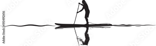 Stand-up Paddleboarder Silhouette with Reflection on Calm Water Vector Graphic for Water Sports and Recreation