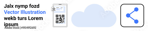 QR code scanning, cloud computing, data sharing, mobile access, networking, technology trends. Smartphone with QR code, a cloud and a share icon. QR code scanning and cloud computing concept