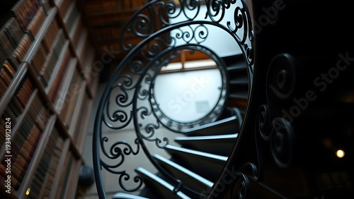 telex. Close-up of an ornate wrought-iron spiral staircase in an old library, leading upwards with soft light. real-estate listings.