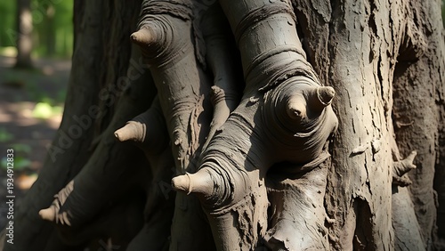 lignin. Close-up of a tree root with knotted protrusions and rough texture in a woodland. ESG reports, sustainability campaigns, designed for sustainability communications and ESG reporting.