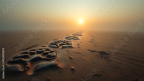 implementer. Fossilized Tyrannosaurus rex footprints in mud, leading into misty dawn. wildlife magazines, conservation campaigns, designed for wildlife conservation campaigns.