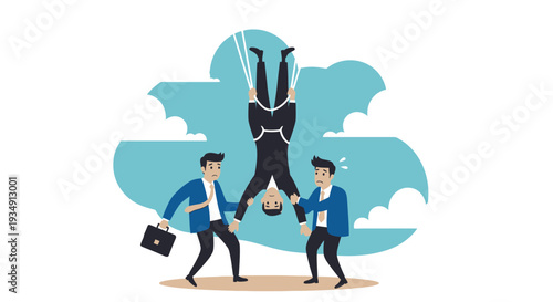 Businessman lowered by rope from cloud by colleagues
