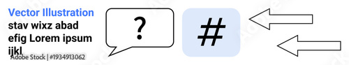 Question mark inside speech bubble, metadata tag icon, and arrows emphasizing interaction, social media, and content sharing. Ideal for digital marketing, community building, social engagement