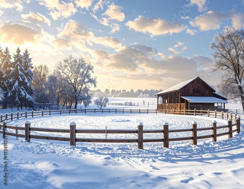 Snowy horse arena and barn bathed in sunlight, set amidst a frosted landscape under a cloudy sky