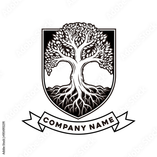 Tree crest logo with roots and ribbon banner, company shield emblem for business and heritage.