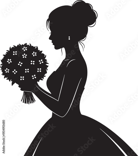 Elegant Bride Holding Floral Bouquet Silhouette Vector Illustration for Wedding Ceremonies and Bridal Beauty Concepts