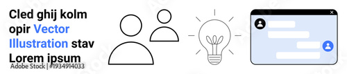 Communication, collaboration, innovation, user experience, teamwork, messaging. Two user icons, a glowing light bulb and a chat interface. Communication and teamwork concept