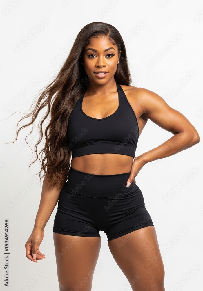 Fototapeta premium Stylish athletic woman in black workout outfit posing confidently indoors