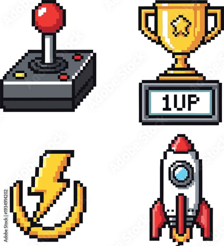 Pixel Gaming Including Joystick, Trophy, Lightning Bolt, and Rocket pixel gaming joystick