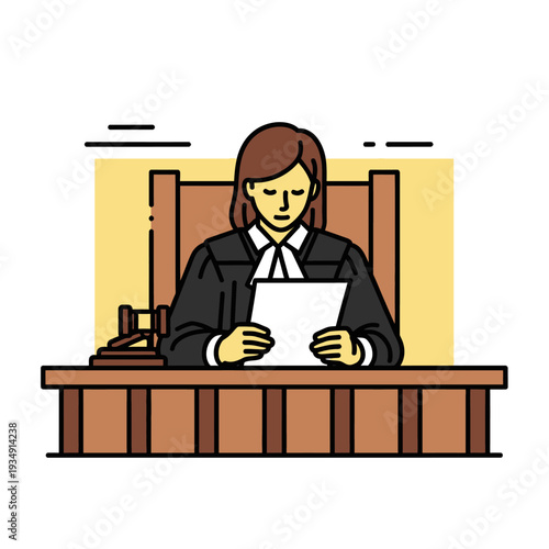 A female judge in a black robe sits at a wooden desk, reviewing documents in a courtroom setting, with a gavel nearby.