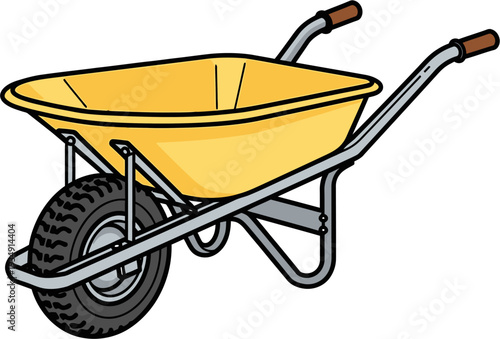 A bright yellow wheelbarrow with a single black wheel and brown handles, ready for gardening or construction work.