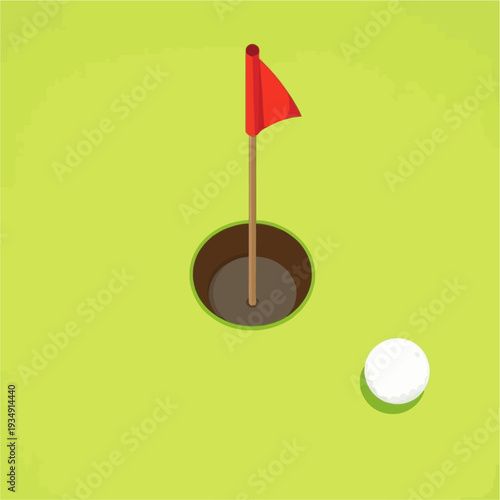 A simple, flat vector illustration of a golf hole with a red flag and a white golf ball on a green putting green.