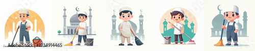 vector of Muslim little boy cleaning the mosque