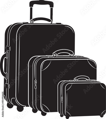 Set of three black and white vector silhouette illustrations of travel luggage suitcases in varying sizes, ready for vacation and journeys.