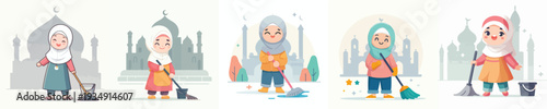 vector of Muslim little girl cleaning the mosque