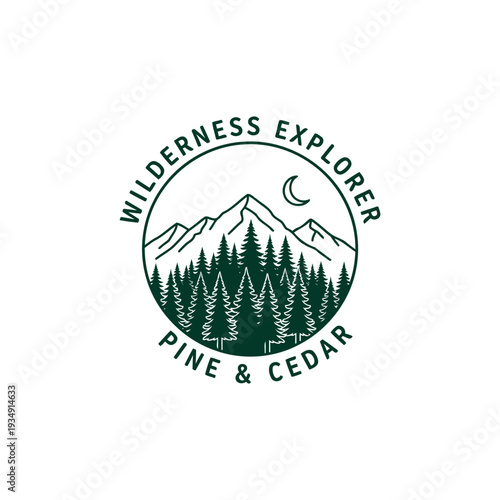 Wilderness explorer pine and cedar mountain forest badge logo with moon and trees.